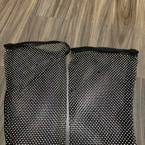 Ladies sz 44 Stiletto High Heel Over The Knee Black Fishnet Mesh Gem Rhinestone - Picture 7 of 12